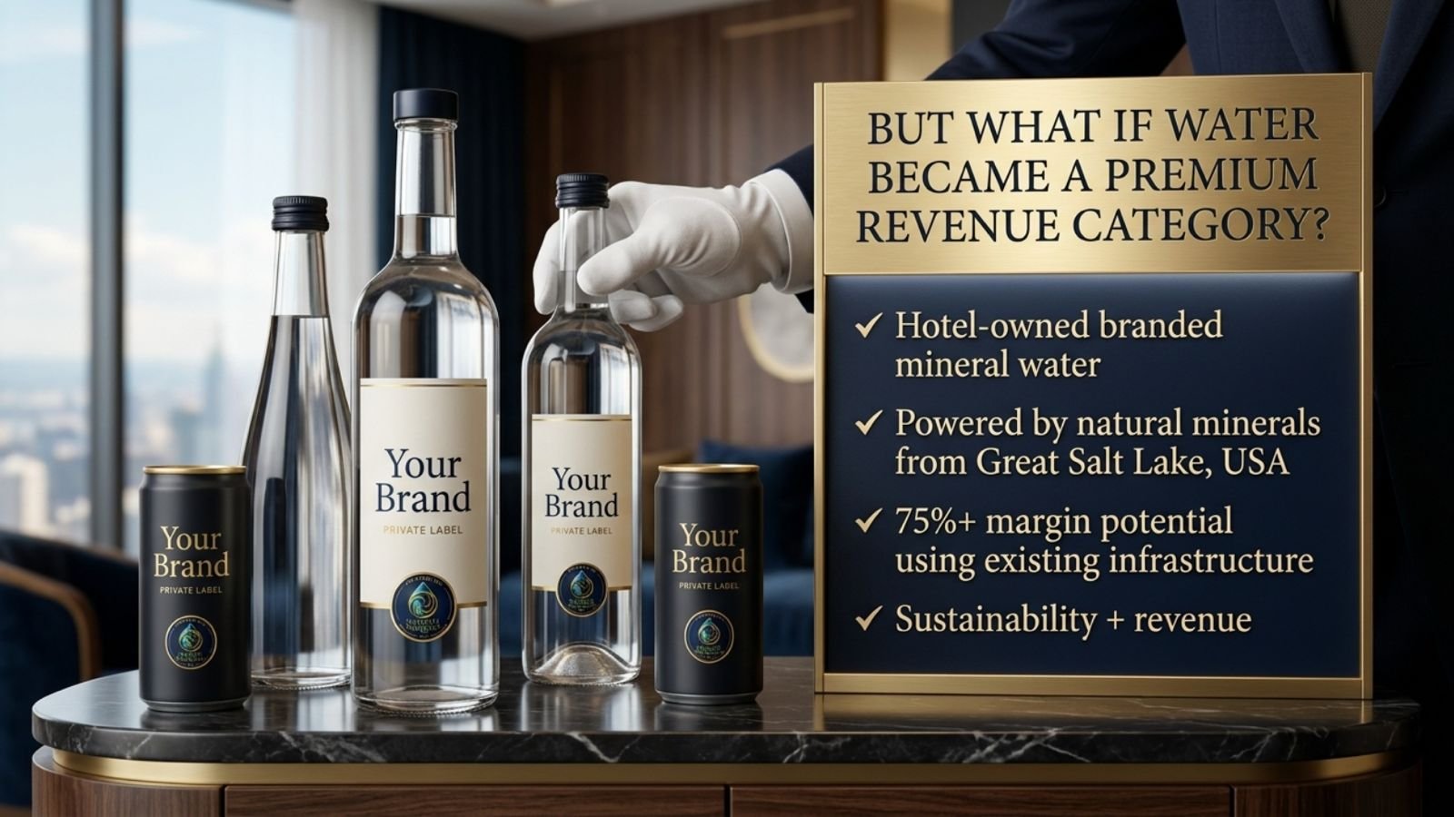 Hotel-owned branded mineral water — a premium revenue category